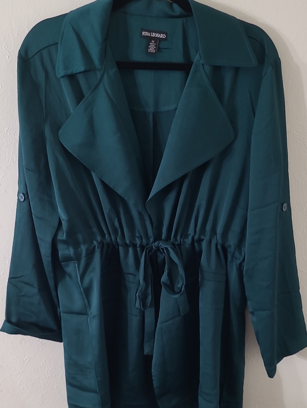 Nina Leonard Teal Drawstring Trench Coat